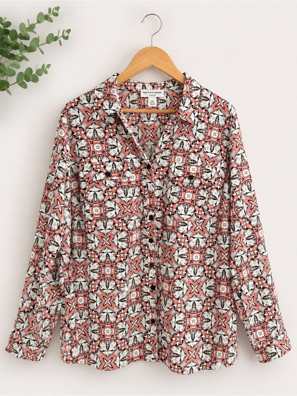 Notations Patterned Button-Up Blouse in Coral, White & Black-Size 1X
